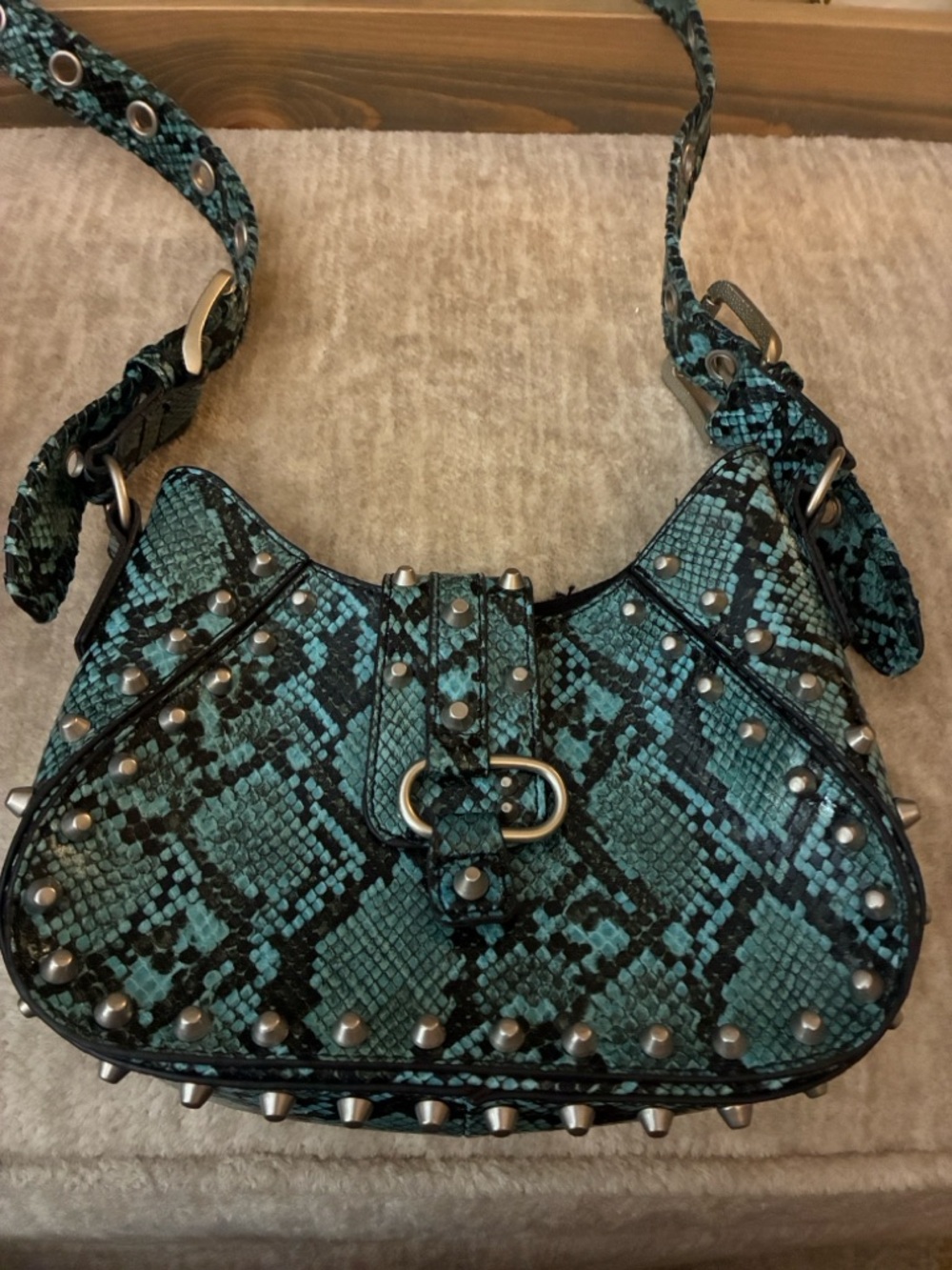Urban Outfitters Teal Snake-Print Studded Crossbody
